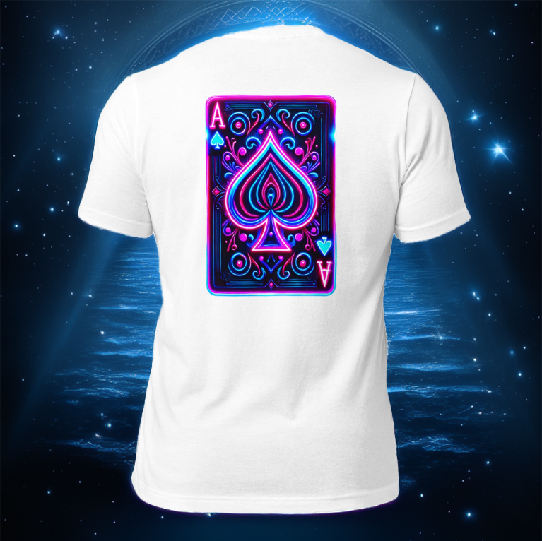 A white T-shirt featuring a vibrant neon Ace of Spades playing card design, glowing in electric blue, pink, and purple tones. The intricate details of the card create a bold and dynamic look, standing out against the crisp white fabric. The background showcases a cosmic blue-lit scene with shimmering reflections, enhancing the mystical and high-stakes energy of the design.