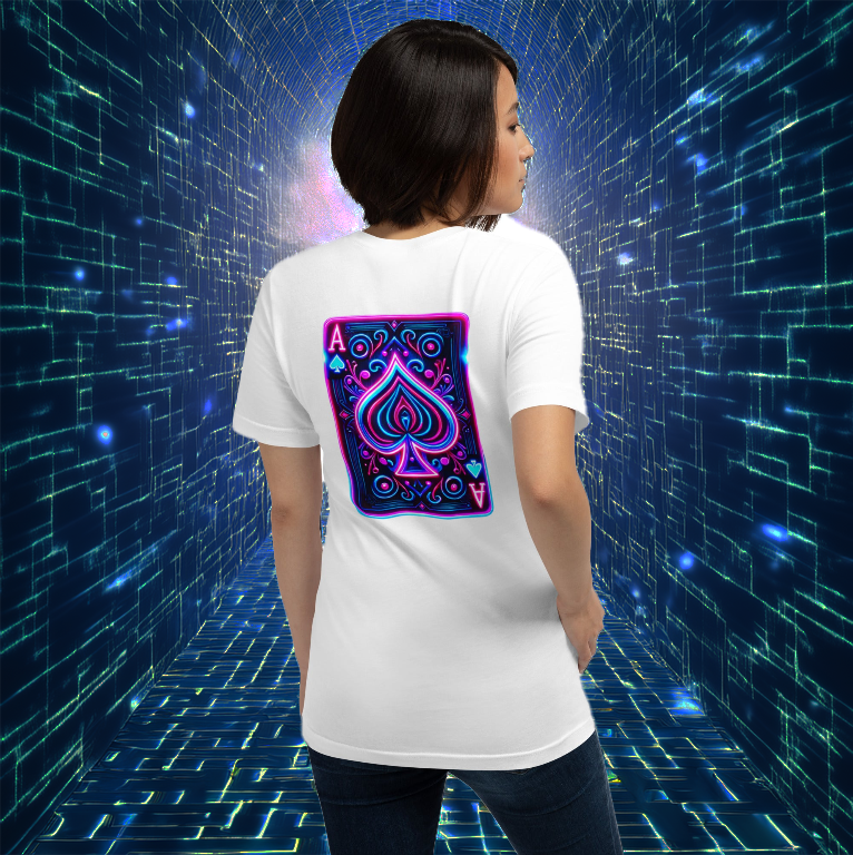A woman stands in a futuristic digital tunnel, wearing a white T-shirt featuring a neon Ace of Spades card design on the back. The electric blue and pink spade artwork glows against the bright background, creating a bold and cosmic aesthetic. Perfect for those who embrace mysticism, luck, and the thrill of the unknown in their fashion.