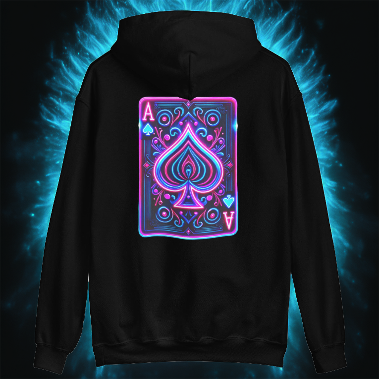Galactic Ace Hoodie in black featuring a neon Ace of Spades card design. A futuristic streetwear statement for risk-takers and trendsetters. Stand out in cosmic style.