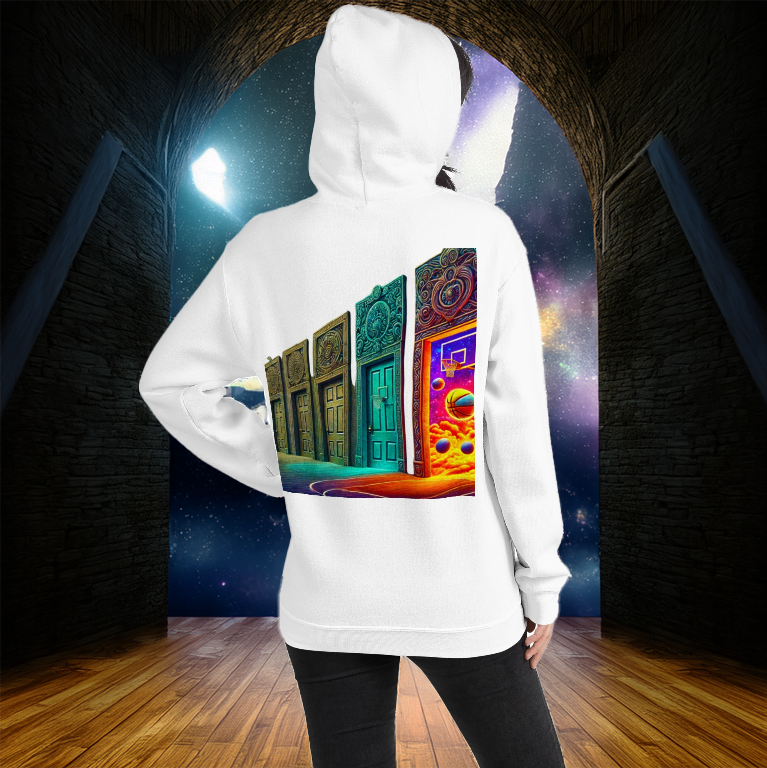 A woman wearing a white Court of Dreams Hoodie with a surreal basketball-inspired design of intricate doors, one revealing a cosmic court. She stands in a mystical arched corridor, enhancing the dreamlike aesthetic. A perfect hoodie for basketball lovers and visionaries.