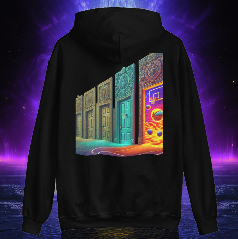 A black Court of Dreams Hoodie featuring an intricate fantasy basketball design with ornate doors, one revealing a cosmic basketball realm. The neon-lit colors and surreal atmosphere make this hoodie perfect for hoopers and dreamers ready to step into a new dimension of the game.
