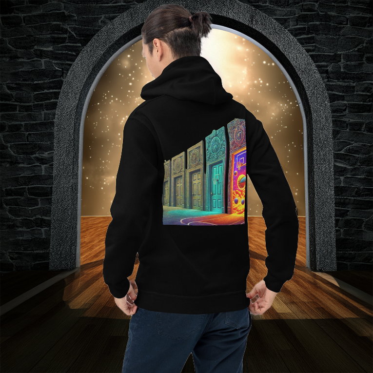 A man wearing a black Court of Dreams Hoodie featuring a surreal basketball-themed design of ornate doors, with one revealing a cosmic court. He stands before a glowing archway, adding a mystical touch to the scene. A must-have for basketball lovers and dreamers alike.
