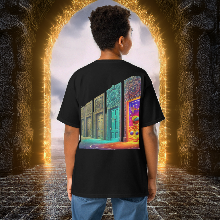 Young boy wearing the Court of Dreams Youth T-Shirt in black, featuring a neon basketball and mystical portal doors. A must-have tee for future hoop stars.