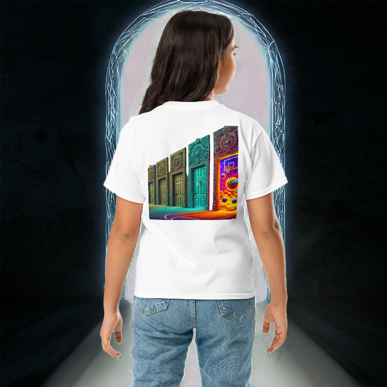 Young girl wearing the Court of Dreams Youth T-Shirt in white, featuring a neon basketball and portal doors design. A bold tee for future basketball legends.
