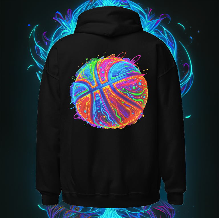 Black hoodie featuring a neon basketball design with electric blue, orange, and pink hues. A bold streetwear statement for basketball fans and urban fashion lovers.
