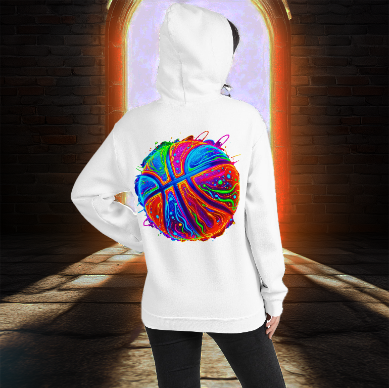 A white hoodie featuring a neon basketball design bursting with vibrant colors like electric blue, fiery orange, and glowing pink. Perfect for basketball fans and streetwear lovers.