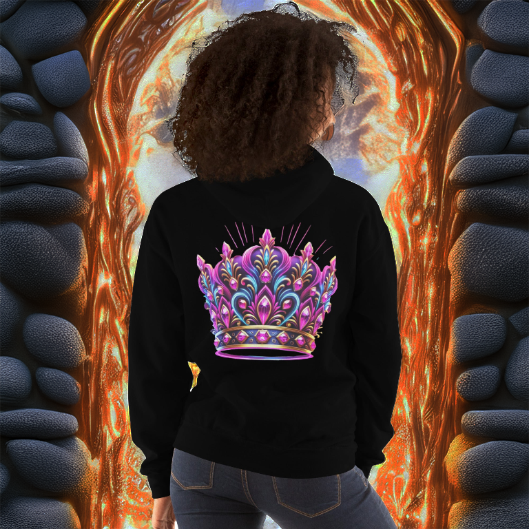 Woman wearing a black hoodie featuring a radiant neon pink and blue crown design on the back. The intricate royal crown glows vividly, set against a fiery, molten portal framed by rugged stone, creating a bold and regal fantasy aesthetic.