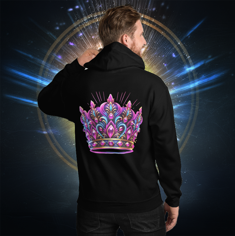 Man wearing a black hoodie featuring a striking neon pink and blue crown design on the back. The intricate detailing of the crown glows against the dark fabric, while a radiant cosmic energy circle in the background enhances the regal and futuristic aesthetic.