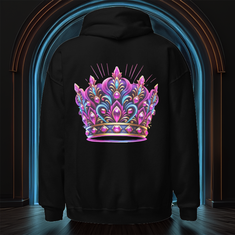Black hoodie featuring a vibrant neon pink and blue crown design on the back. The regal crown glows with intricate gemstone details, set against a futuristic arched portal with deep blue and golden lighting, creating a bold and majestic aesthetic.