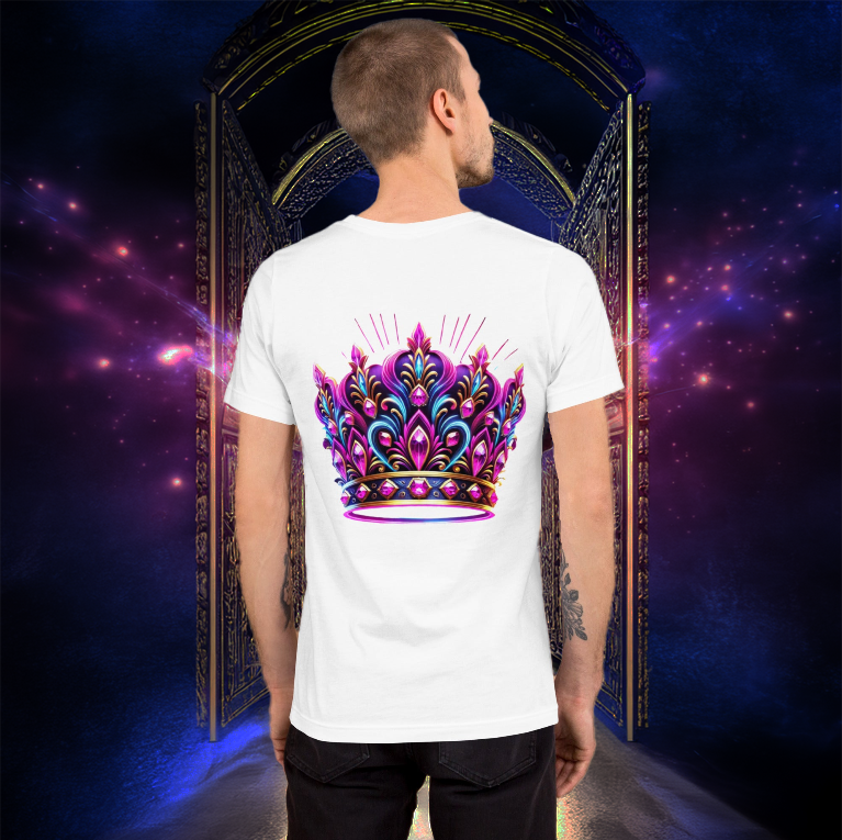 White T-shirt with a vibrant neon crown design in shades of pink, blue, and gold, worn by a male model standing before an illuminated mystical gateway with cosmic energy.