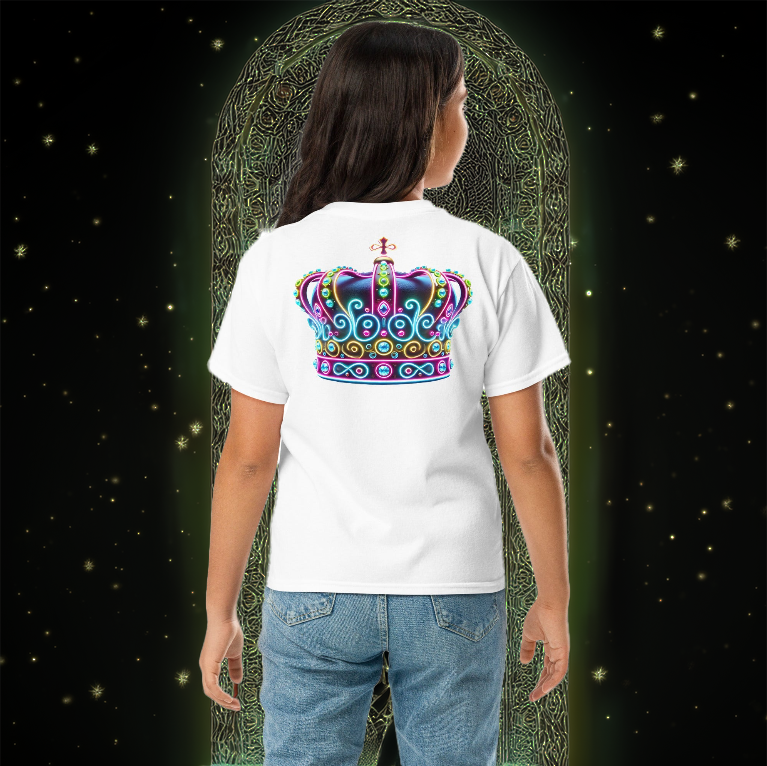 A young girl wearing the Royal Lumina Youth Tee in white, featuring a glowing neon crown design on the back, standing before a mystical, ornate gateway surrounded by golden light.