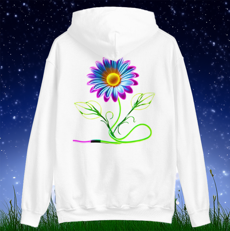 White hoodie featuring a vibrant neon daisy design, where the stem transforms into a glowing paintbrush, set against a starry night sky and grassy landscape. A perfect blend of art, creativity, and nature-inspired energy.