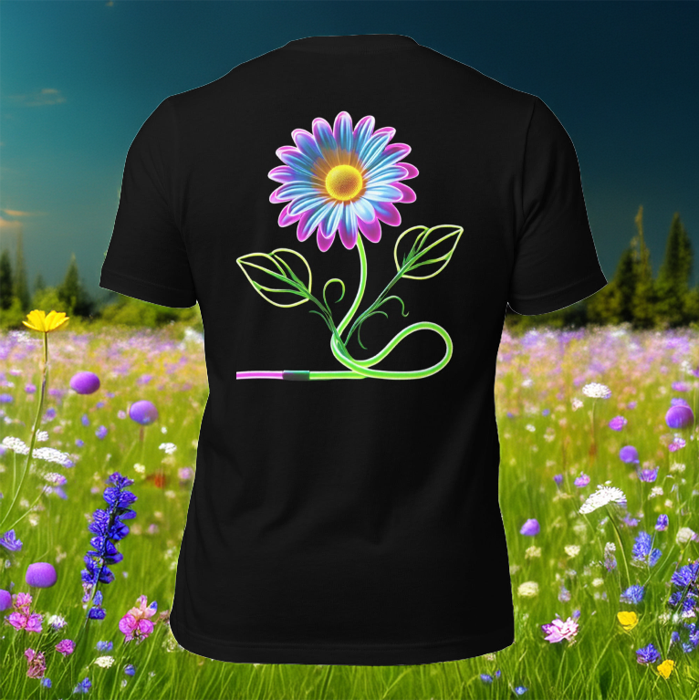 Black tee showcasing a radiant neon daisy and swirling vines, displayed in a lush field of colorful flowers.