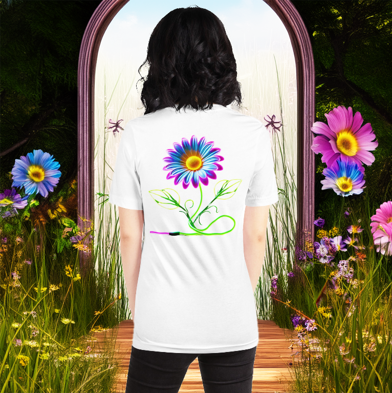 White T-shirt featuring a neon daisy with an artistic glowing vine, worn by a woman in a dreamlike meadow surrounded by vivid floral scenery.