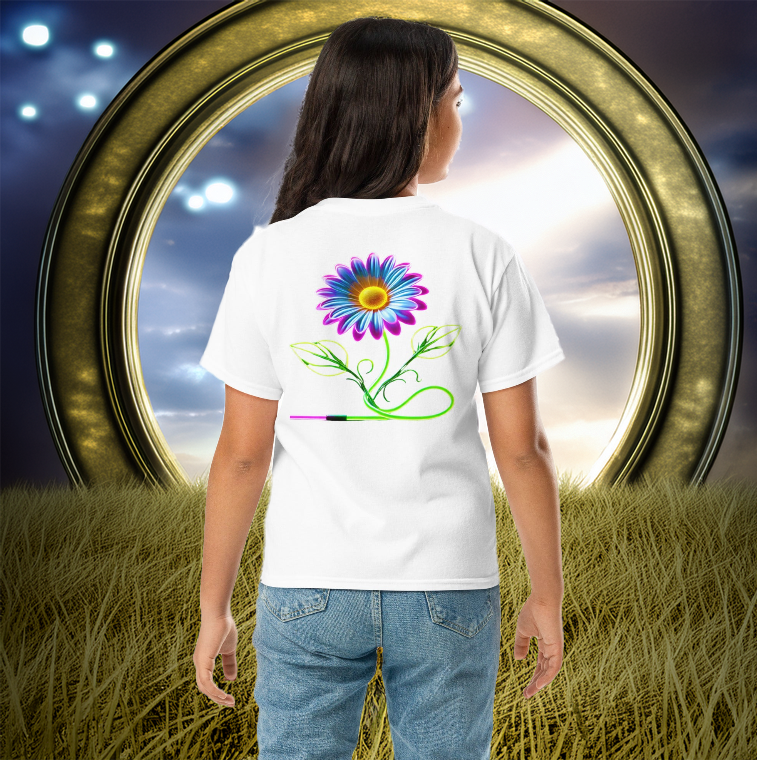 Youth wearing a white tee featuring a neon-glowing daisy with a futuristic vine design, standing before a golden portal with a sunlit sky and grass field.