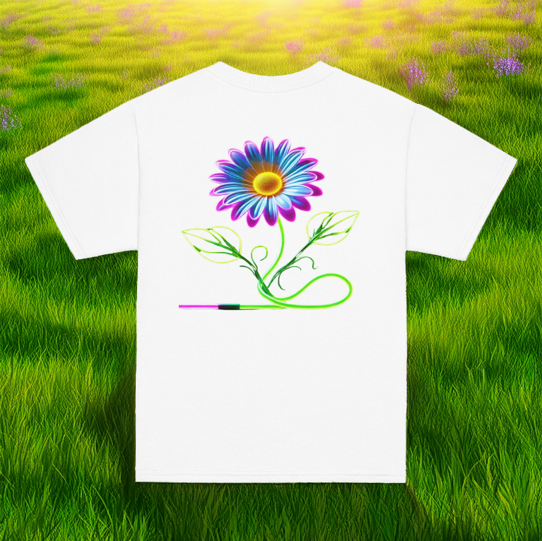 Youth-sized white t-shirt featuring a neon-glowing daisy with a swirling green stem, set against a sunlit grass field background.