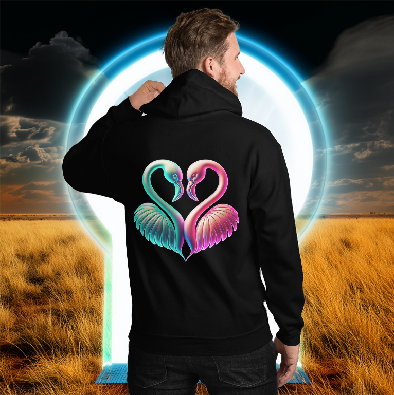Man wearing a black hoodie with a neon flamingo heart design, standing before a glowing portal in a golden savanna. Stylish and bold hoodie for vibrant fashion lovers.
