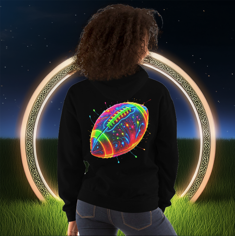 Neon Gridiron Hoodie in black featuring a vibrant, multicolor football design on the back. A bold and stylish hoodie for football fans and streetwear lovers.