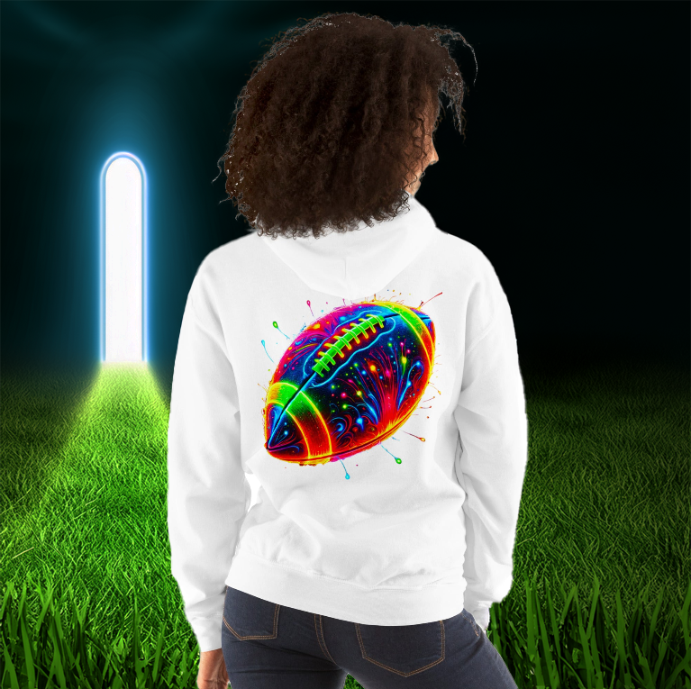 Women's Neon Gridiron Hoodie in white, showcasing a radiant multicolor football graphic. A must-have hoodie for football and streetwear enthusiasts.