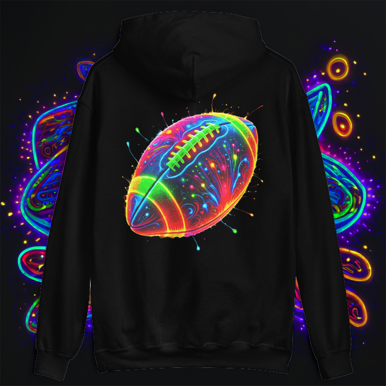 Neon Gridiron Hoodie in black with a vibrant, glowing football design. A bold and energetic streetwear piece for football fans and sports enthusiasts.