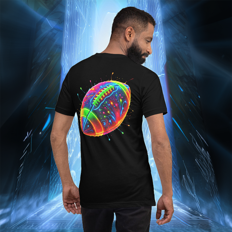 Men’s black T-shirt featuring a neon football design with explosive colors. A bold sports-inspired tee, perfect for football fans, athletes, and streetwear lovers.