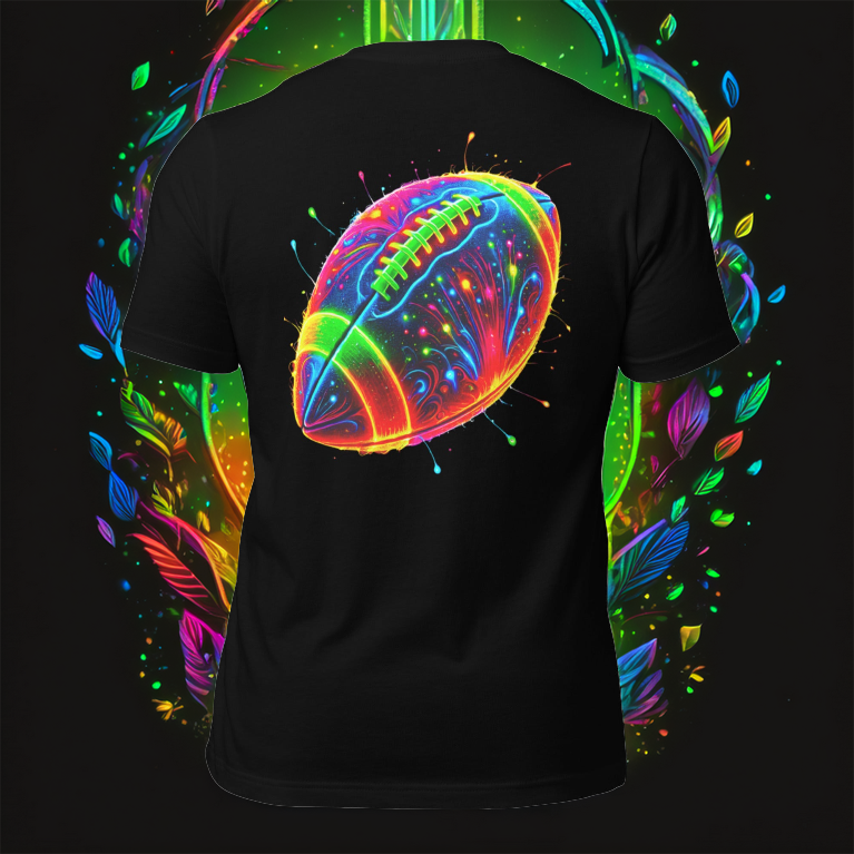 Men’s black T-shirt featuring a neon cosmic football graphic with an electrifying burst of colors and abstract energy. Ideal for football fans, athletes, and sports streetwear enthusiasts.