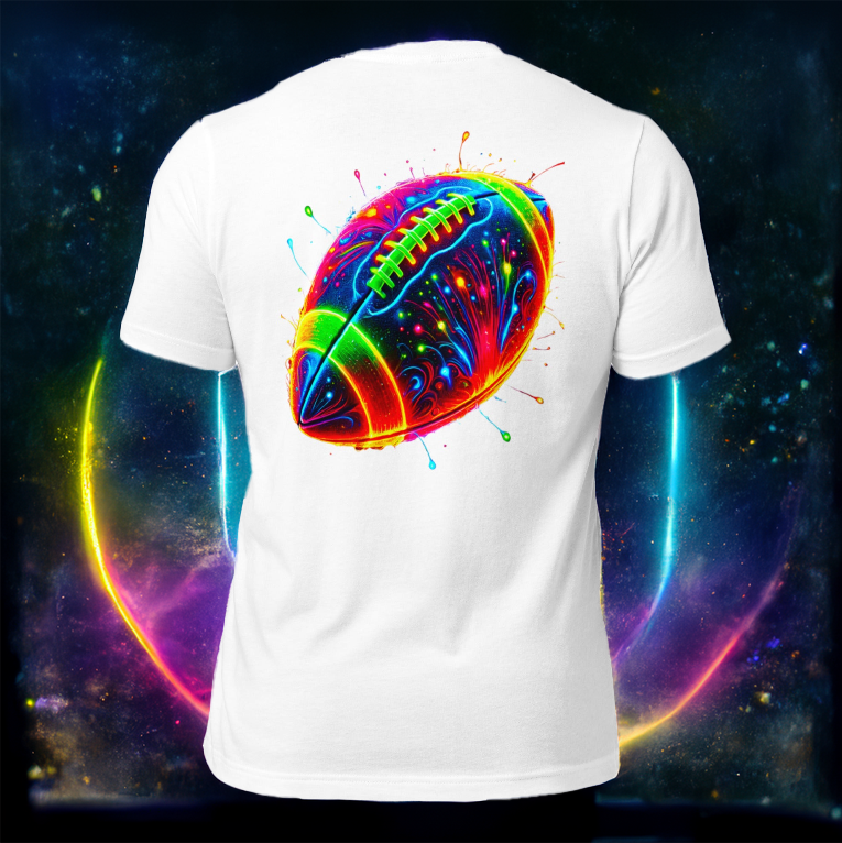 Men’s white T-shirt featuring a vibrant neon football graphic with an electrifying cosmic background. Perfect for football enthusiasts, athletes, and sports streetwear lovers.