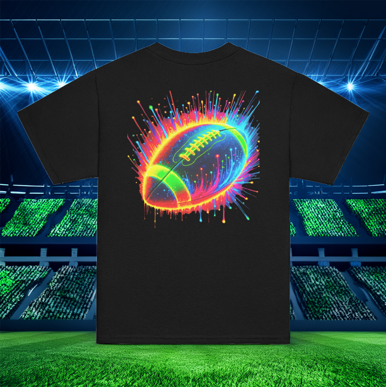 The Neon Gridiron Youth Tee in black, featuring a high-energy neon football explosion on the back. The electrifying design showcases bold, vivid colors that capture the intensity of the game, set against the backdrop of a massive football stadium. Perfect for young athletes and football fans who love to stand out on and off the field.
