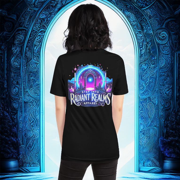 Female model wearing the Realm Official Tee in black, standing before an intricate glowing blue portal. The radiant neon design with 'Step into Radiant Realms Apparel' invites wearers into a mystical, otherworldly adventure.