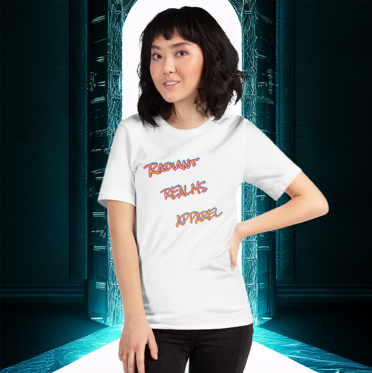 Female model wearing a white t-shirt featuring the Radiant Realms Apparel logo in a bold, stylized design. Set against a glowing portal background, symbolizing a gateway to new realms and possibilities.