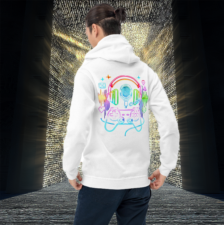 White gaming hoodie featuring a neon digital design of a headset, microphone, and game controller with vibrant energy waves and futuristic symbols. Ideal for gamers, streamers, and esports enthusiasts looking to level up their style.