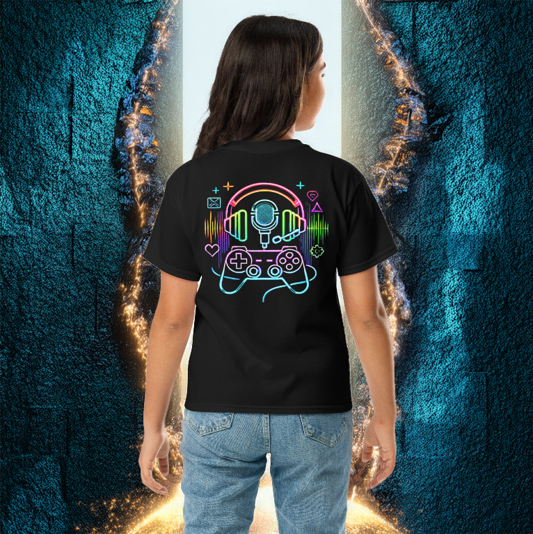 A young girl wearing the Gamer Vibes Youth Tee in black, standing in front of a mystical glowing portal with blue and gold energy. The back of the shirt features a vibrant neon gaming design, including a controller, headset, microphone, and digital symbols, representing the excitement of gaming, streaming, and esports culture.