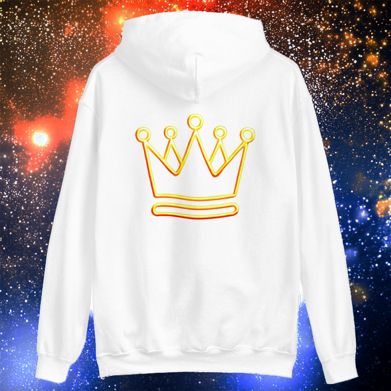 Golden Glow Hoodie - White | Premium fleece hoodie featuring a neon gold crown design on the back. Stylish, comfortable, and perfect for bold streetwear fashion.