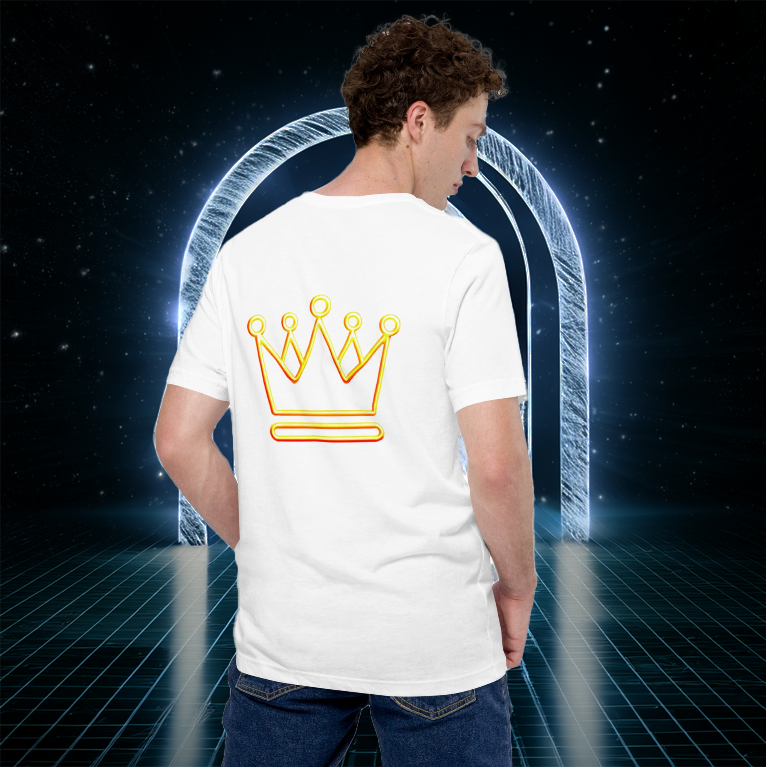 Golden Glow Tee – Men's White T-Shirt with Neon Gold Crown | Premium streetwear with bold, luminous design for a standout fashion statement.