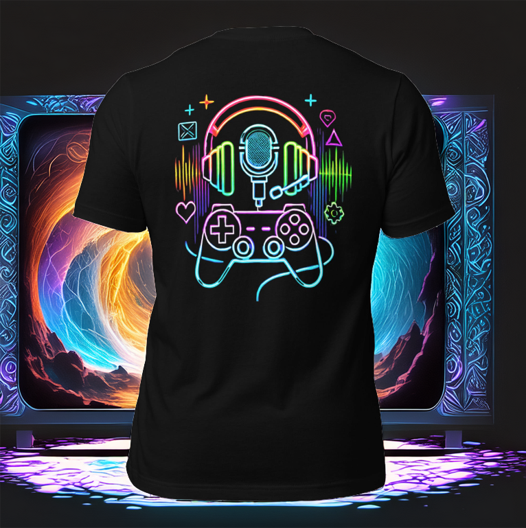 A black gaming-themed tee displayed in front of a futuristic gaming setup, featuring a neon design of a headset, microphone, and controller with digital sound waves and icons.