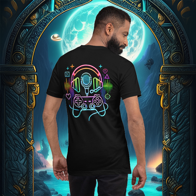 A man wearing a black tee featuring a neon-glowing design of a gaming headset, microphone, and controller, set against a mystical moonlit portal with futuristic elements.