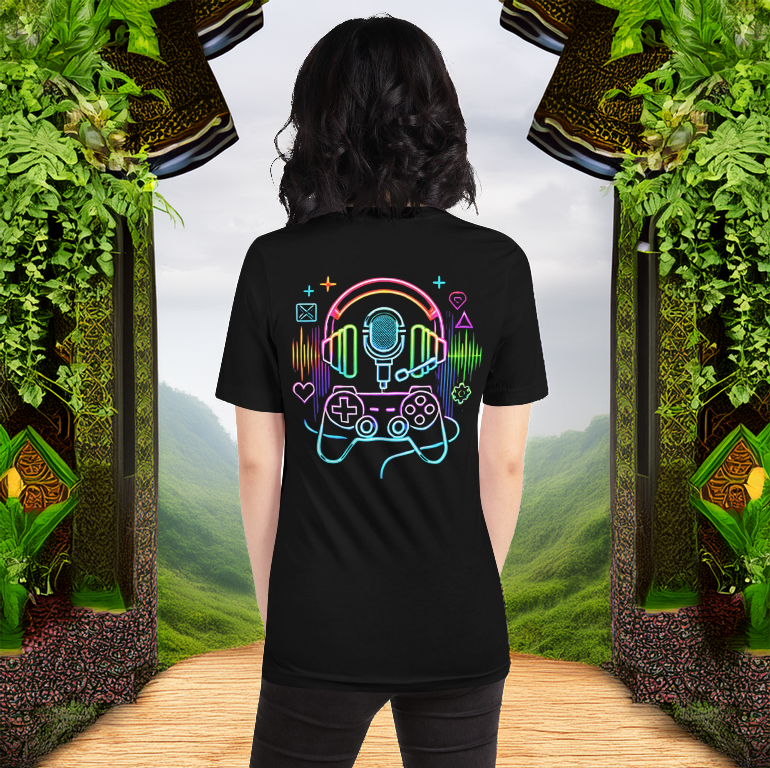 A woman wearing a black gaming-inspired tee with a neon headset, microphone, and controller design, standing before an ornate fantasy-style archway overlooking lush green mountains.