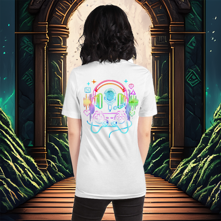 A woman wearing a white gaming-inspired tee featuring a neon headset, microphone, and controller design, standing in front of a mystical stone archway with glowing accents.