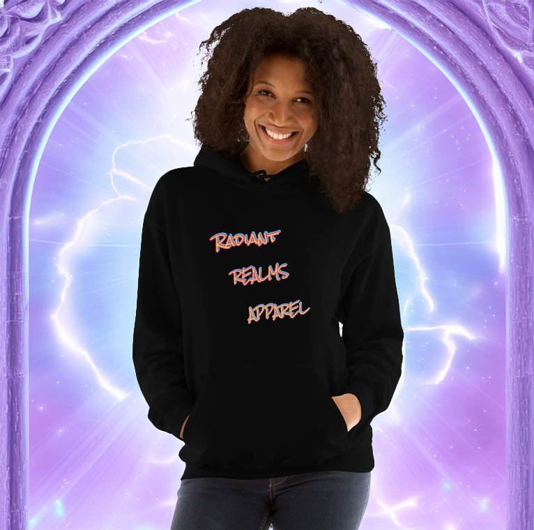 A model wearing a Radiant Realms Apparel hoodie, featuring a bold neon-style logo on the front. Set against a mystical portal background, this hoodie embodies style, comfort, and the essence of a legendary realm.