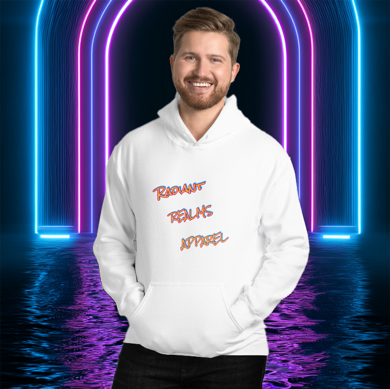 A model wearing a Radiant Realms Apparel hoodie, featuring a bold neon-style logo on the front. Set against a mystical portal background, this hoodie embodies style, comfort, and the essence of a legendary realm.