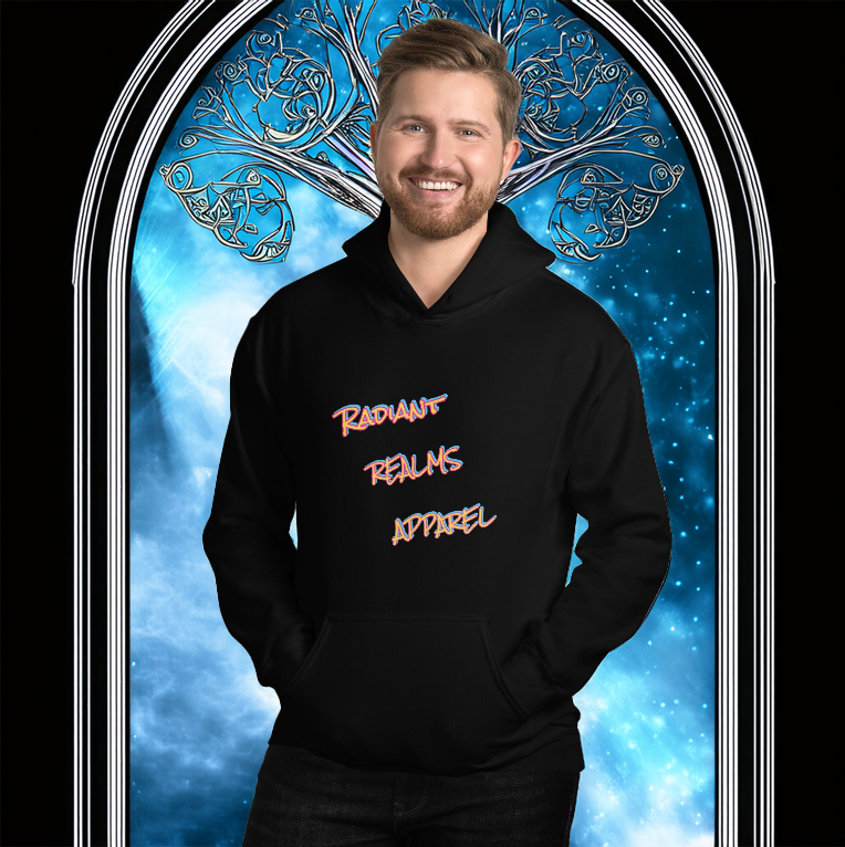 A man wearing a black Radiant Realms Apparel hoodie with a bold front design, standing before a mystical arched gateway with an ethereal backdrop.