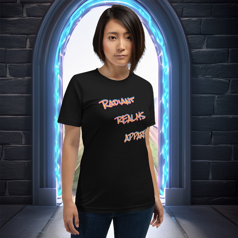 A black T-shirt featuring the Radiant Realms Apparel logo in a bold, graffiti-style font with vibrant red, blue, and white accents. The sleek, minimalist design stands out against the dark fabric, making it a versatile streetwear essential. The model poses in front of a mystical glowing portal, framed by futuristic blue energy, adding an adventurous and otherworldly vibe to the look.