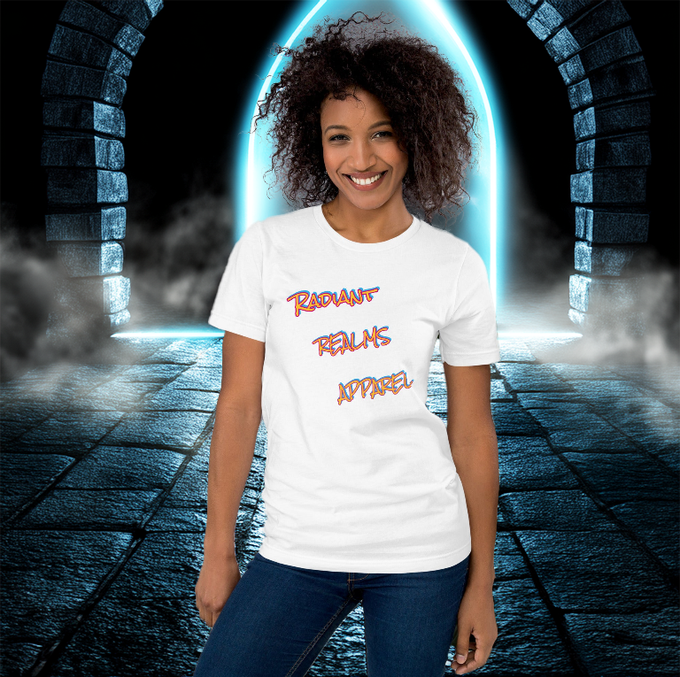 Women's white T-shirt featuring the bold ‘Radiant Realms Apparel’ logo in a vibrant graffiti-style font. A stylish and versatile statement tee for streetwear and casual fashion lovers.