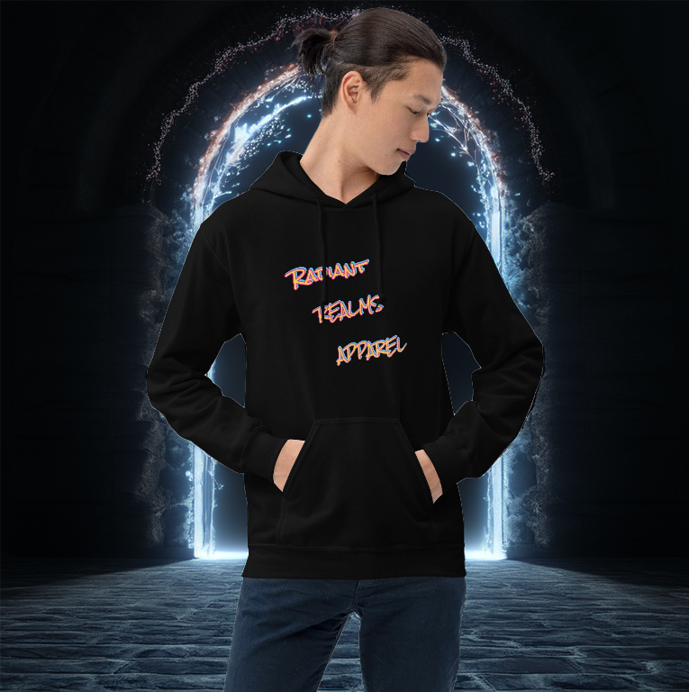Man wearing a black hoodie featuring the Radiant Realms Apparel logo in an electrifying font, standing in front of a glowing mystical portal. A sleek, minimalist statement piece for those who walk between realms.