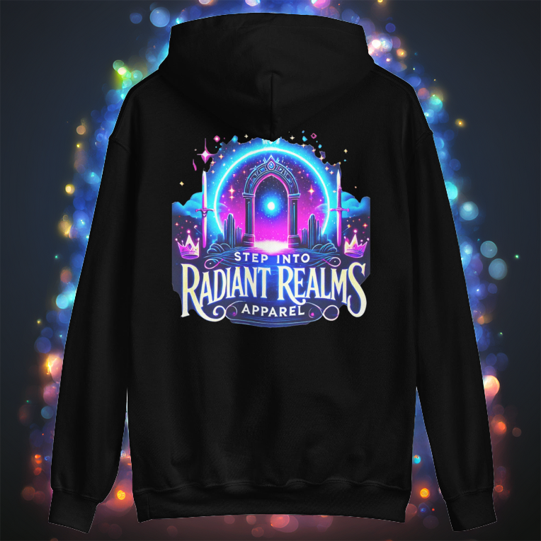 Black Radiant Realms Apparel hoodie with a neon portal design, set against a glowing bokeh background of vibrant blues, purples, and oranges. The hoodie radiates an ethereal, otherworldly energy.