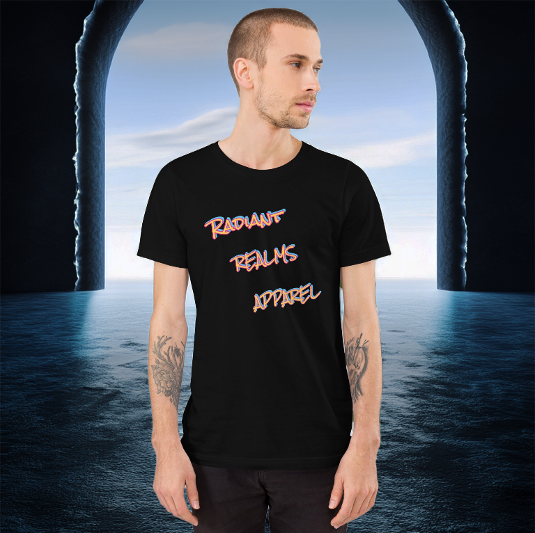 Radiant Realms Apparel Logo Tee – Black Streetwear T-Shirt with Bold Graffiti-Style Branding. A must-have urban fashion staple showcasing a vibrant and dynamic logo design.