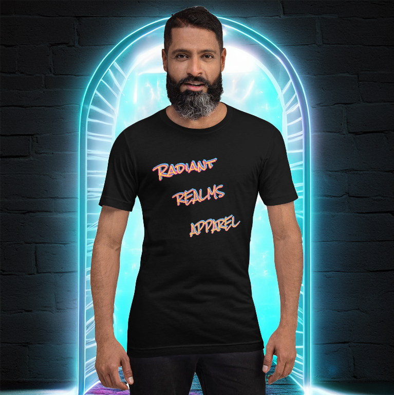 Male model wearing a black t-shirt featuring the Radiant Realms Apparel logo in a bold, stylized design. Set against a glowing portal background, symbolizing a gateway to new realms and possibilities.