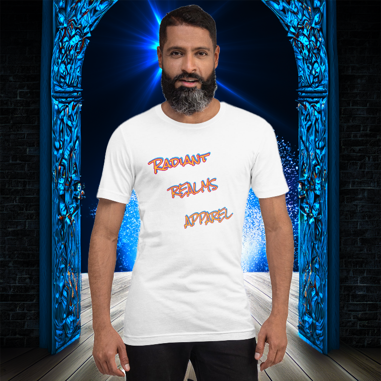Male model wearing a white t-shirt featuring the Radiant Realms Apparel logo in a bold, stylized design. Set against a glowing portal background, symbolizing a gateway to new realms and possibilities.