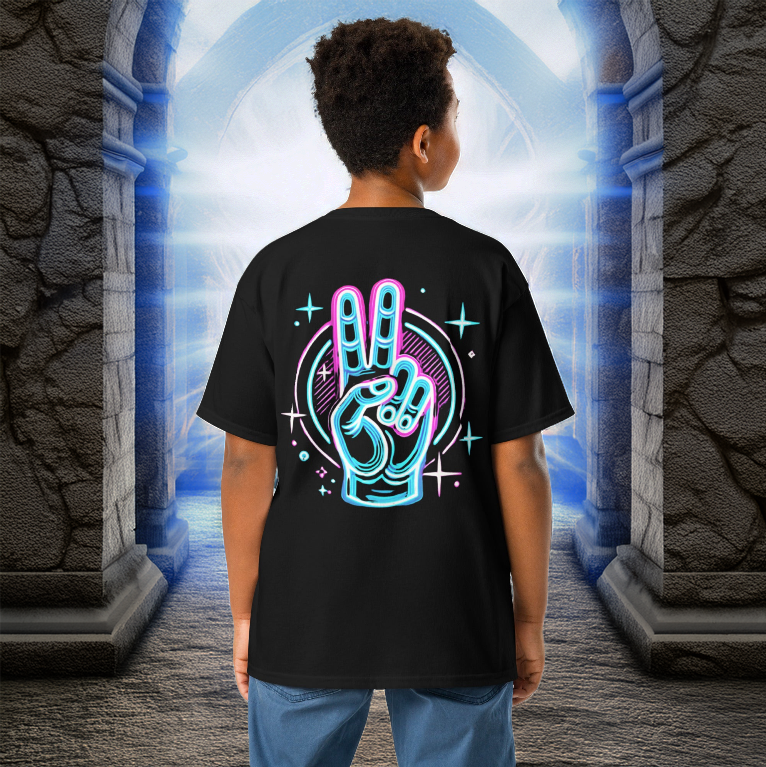 Black youth T-shirt featuring a neon peace hand sign design on the back, set against a fantasy-inspired glowing portal background.