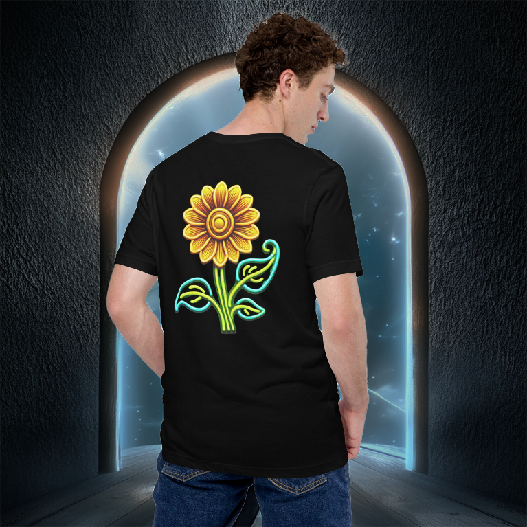 Man wearing a black T-shirt featuring a vibrant neon sunflower design, standing in front of a glowing arched doorway. Futuristic floral fashion style.